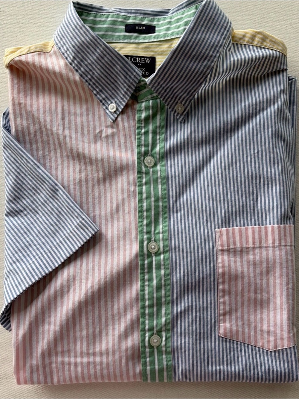 J Crew Men’s Rainbow Stripe Flex Preppy Short Sleeve Button Casual Shirt XL